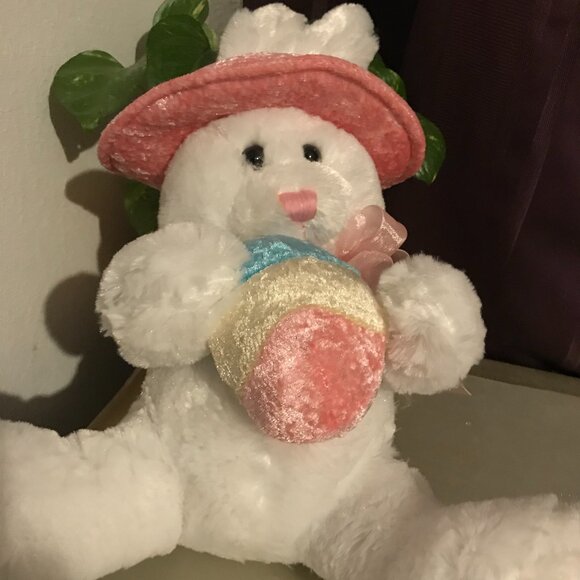 Soft Classics white stuffed bunny with colorful easter egg, hat and ribbon scarf - Picture 1 of 11